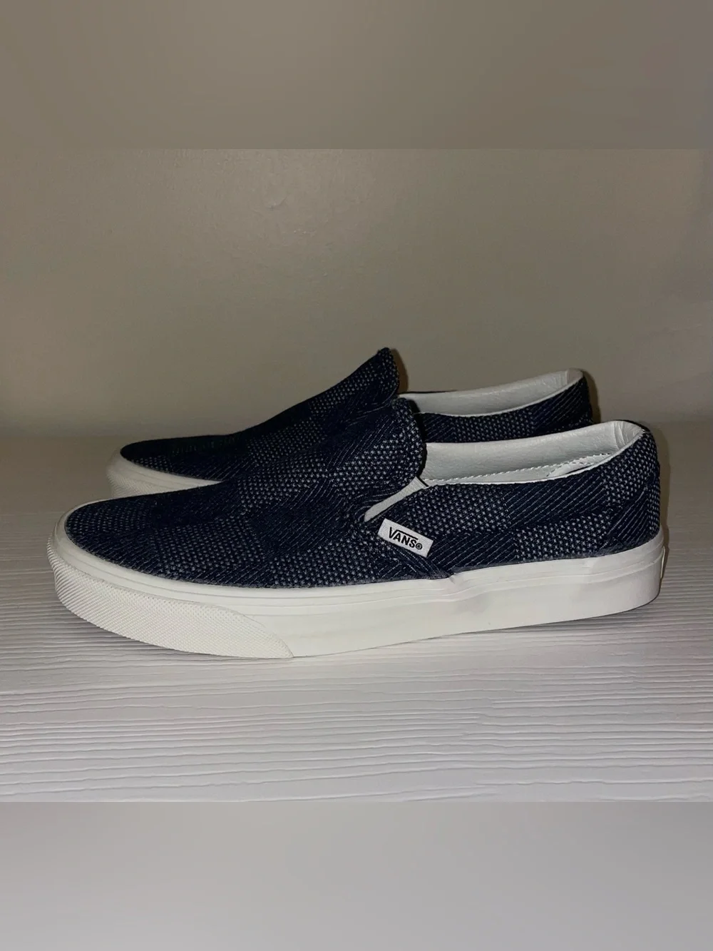 New Unisex VANS DENIM CHECKERBOARD SLIP-ON Navy Blue Shoes No Box Size 6.5M 8W